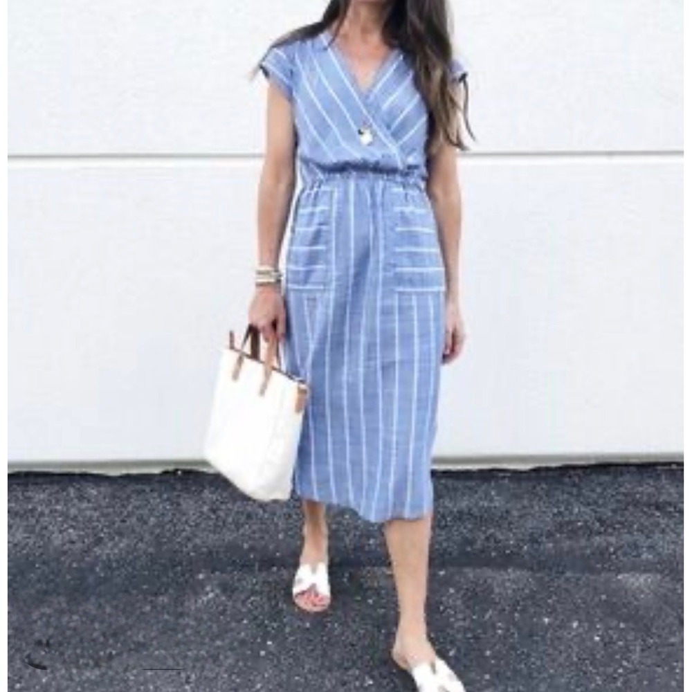 Universal Thread Blue White Striped Dress Cotton Midi XS V-Neck Wrap